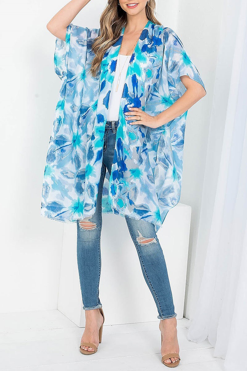 Paint spaltter floral print knee length kimono (EF3616)