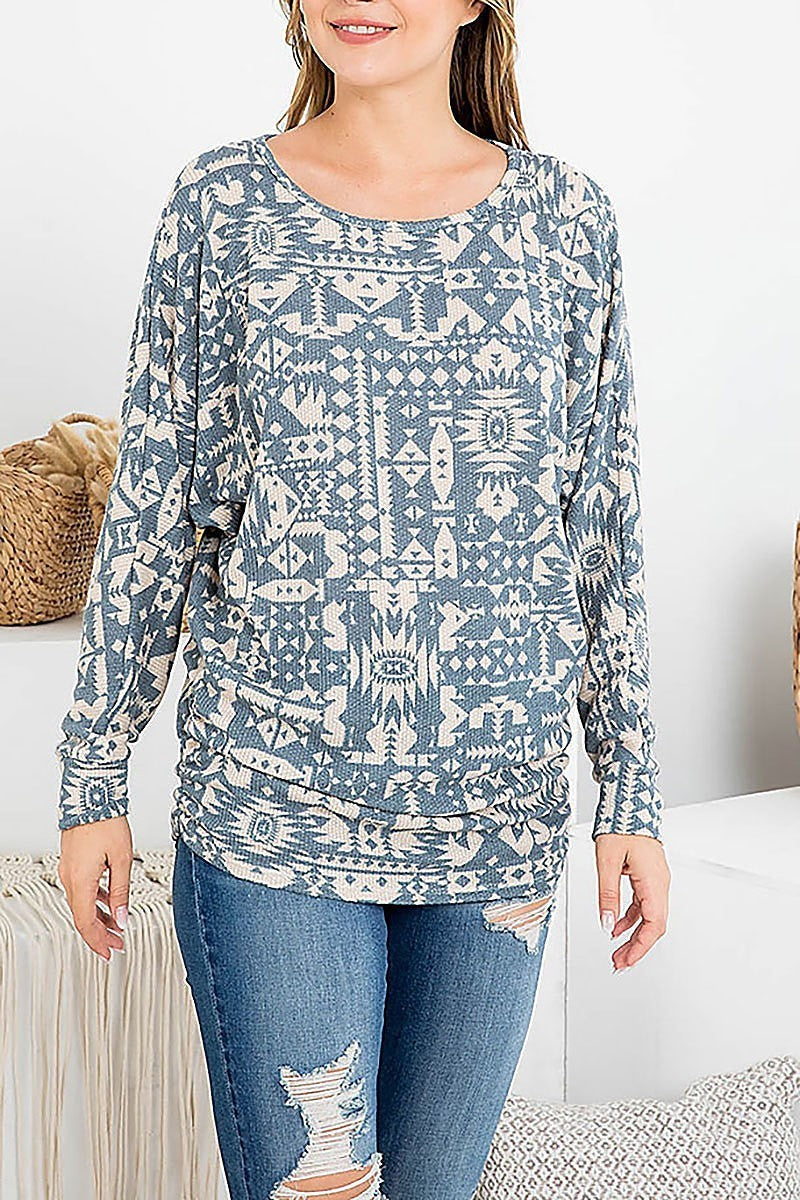 Scoop neck aztec print long sleeve top (EF2775)