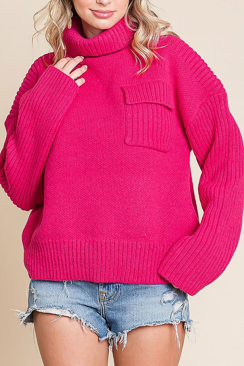 Oversized ribbed knit sweater w/ chest pocket (EDH1929-2)