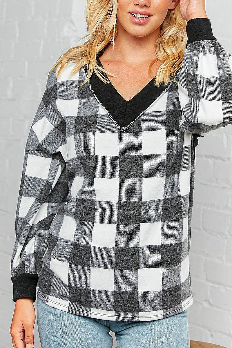 Plaid cashmere feel color block knit top (EDBM6599)