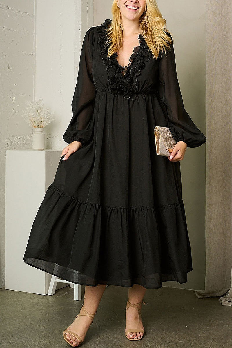 Long sleeve v-neck ruffle back tie maxi dress (EFWT1632)