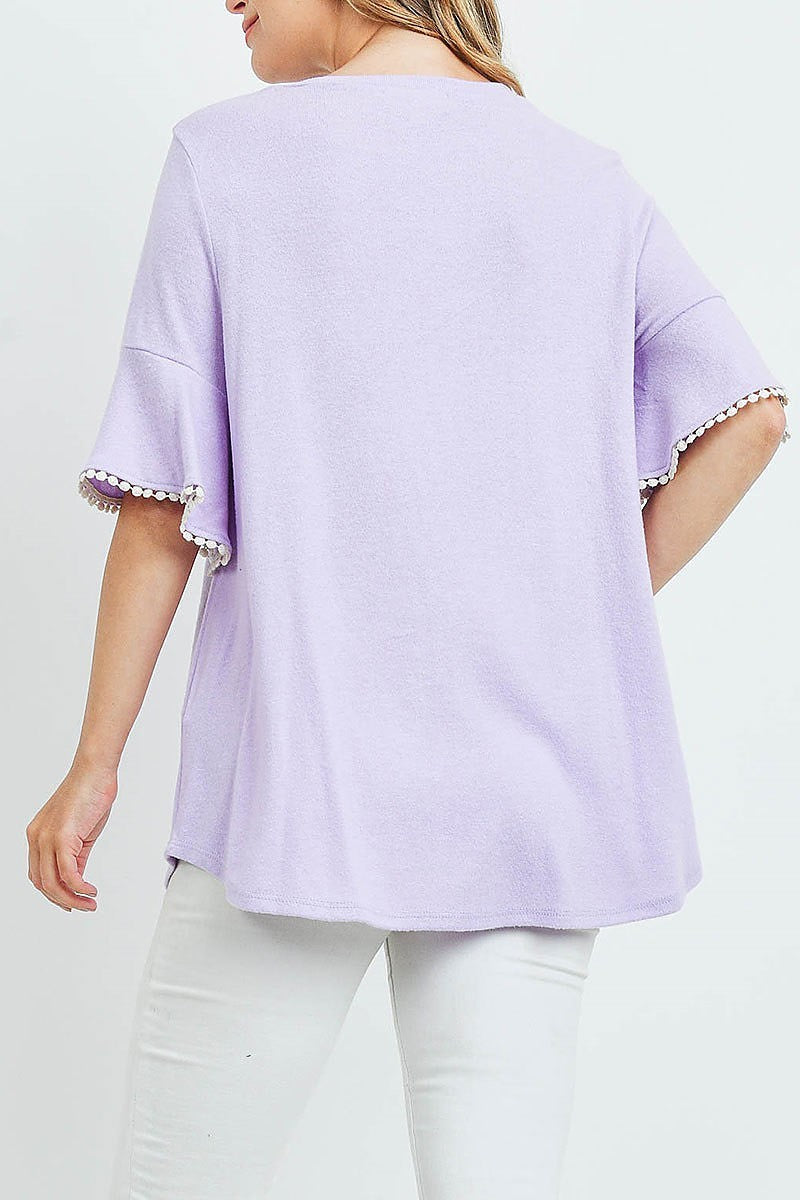 Pompom bell sleeves brushed top (ED9773)