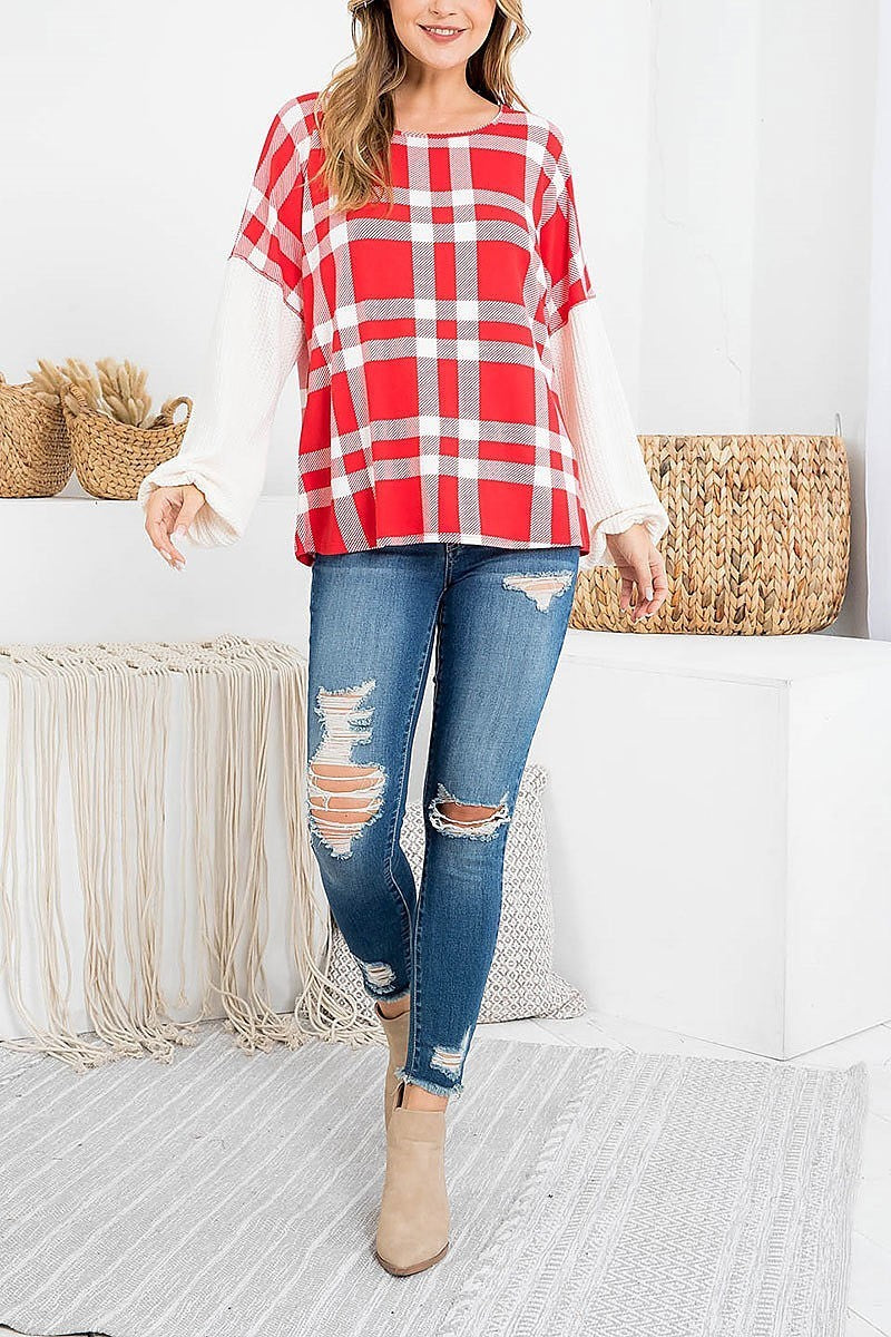 Knit elastic band long sleeve plaid top (EF2643)