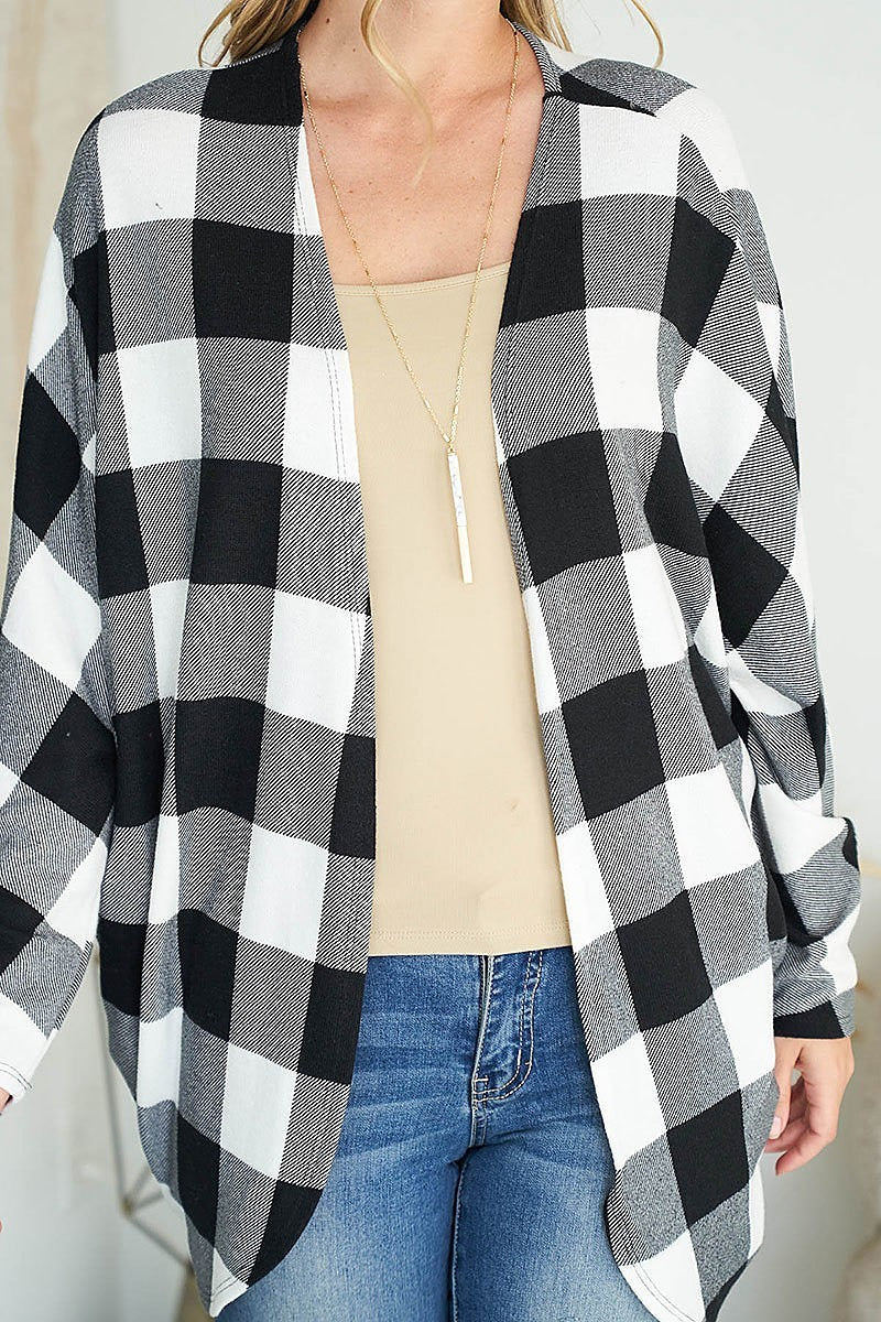 Long sleeve plaid open front cardigan (EF2375)