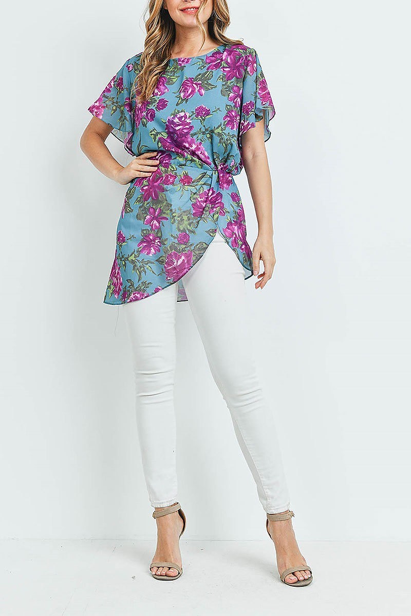 Flutter sleeve floral print pleated detail tunic top (ED9185)