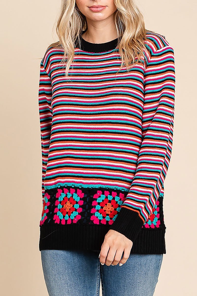 Stripe embroidered knit top (EDH1672)