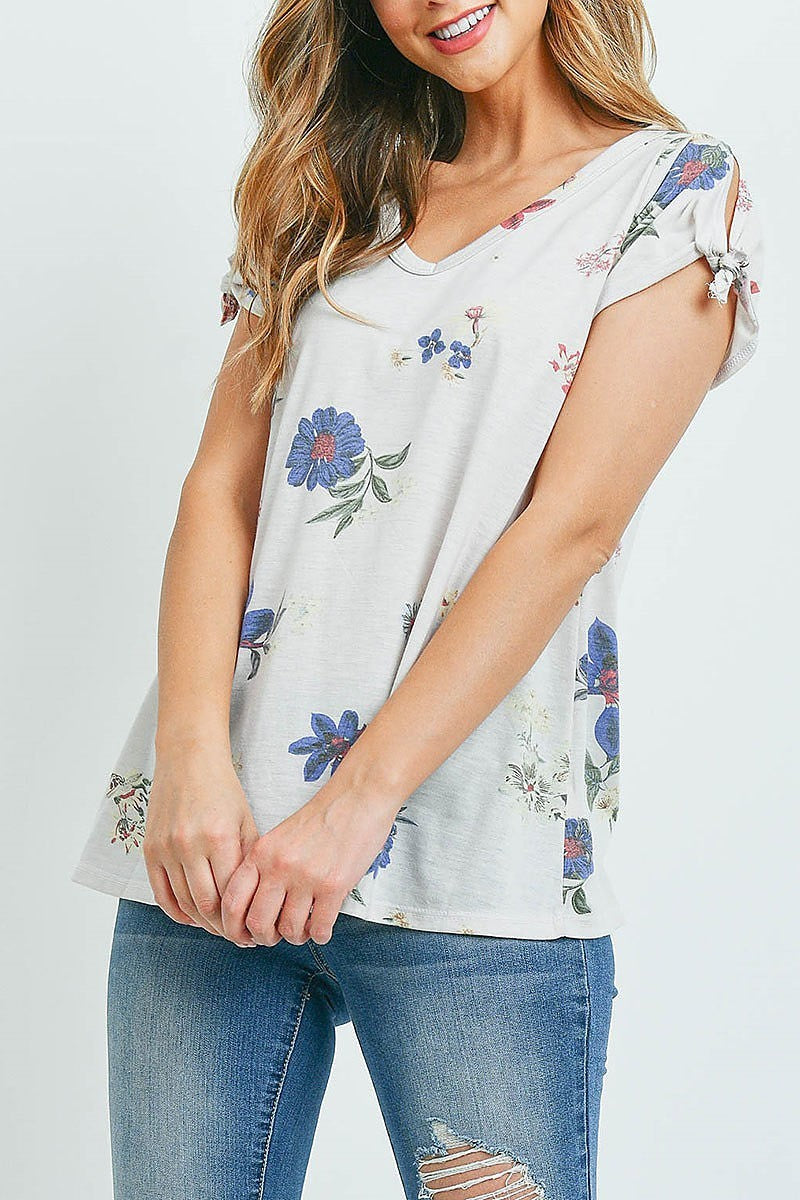 V neck floral print tie sleeve top (ED9346-1)