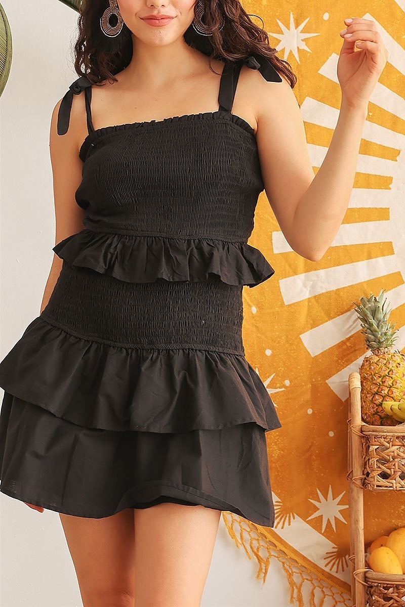 Smoked ruffle sleeveless mini dress (TED1813)