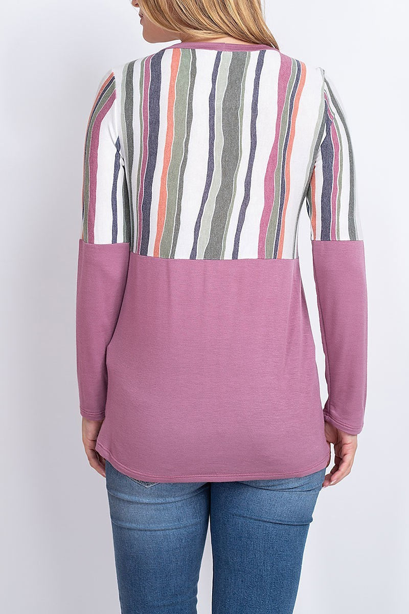 Stripe print twist hem color block top (EF1887)