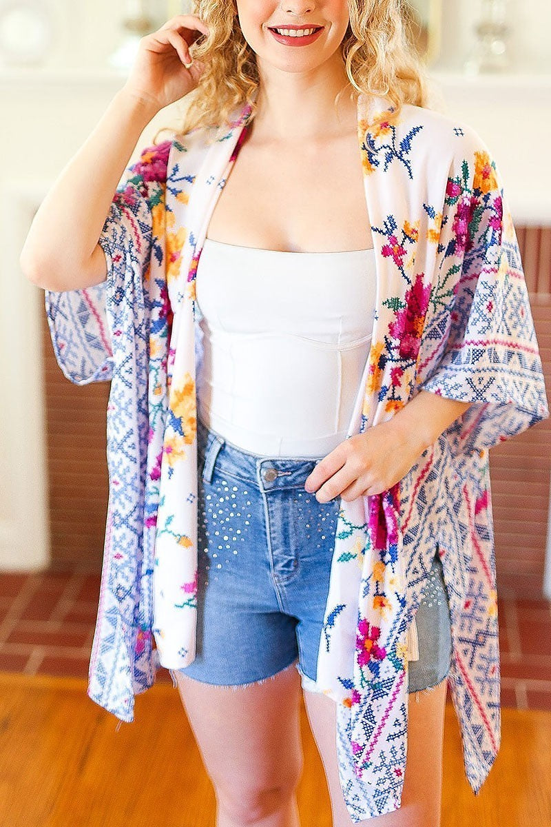 Floral border print open kimono (ETBM5710)