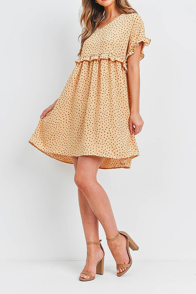 Ruffle detail baby doll dotted print dress (DED6505)