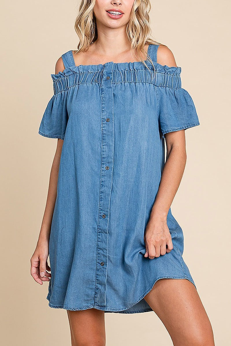 Chambray button-down cold-shoulder mini dress (EDH1624)