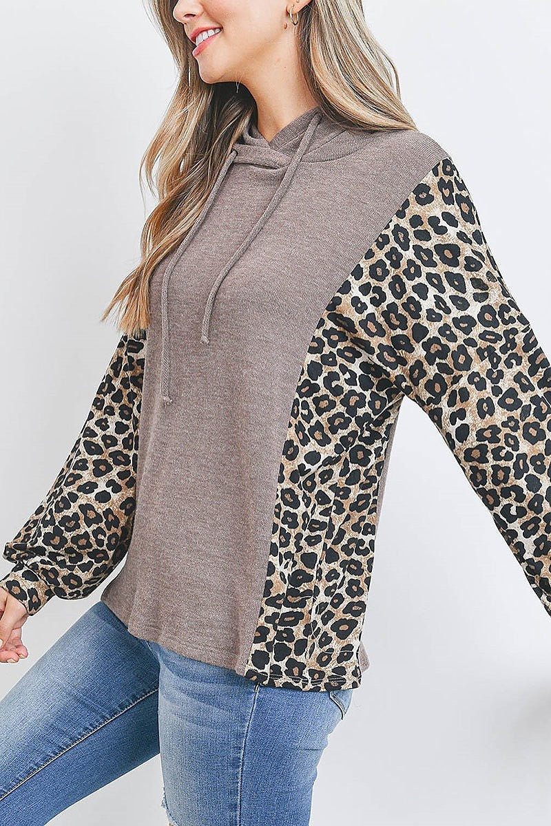 Leopard sleeve side contrast hoddie with self tie (EF2887)