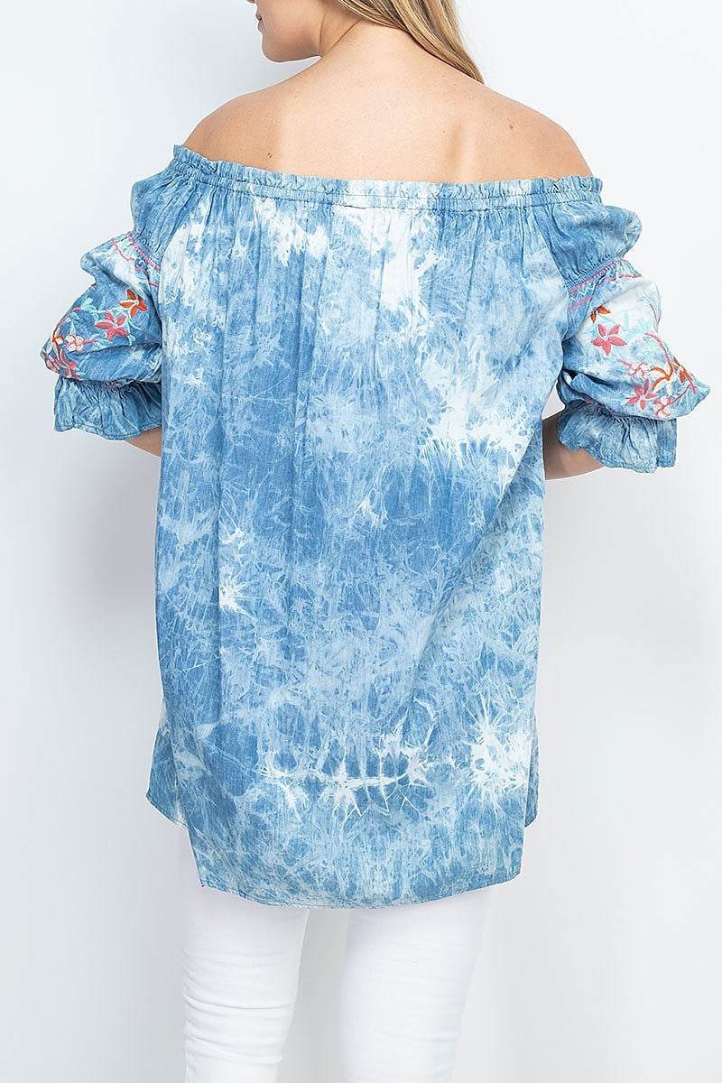 Floral embroidered off shoulder tie dye top (EF1310)