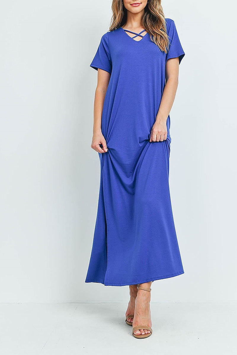 Crisscross neck short sleeve maxi pocket dress (DED6217)