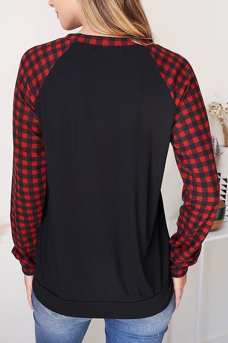 Plaid raglan merry christmas print top (EF2533)