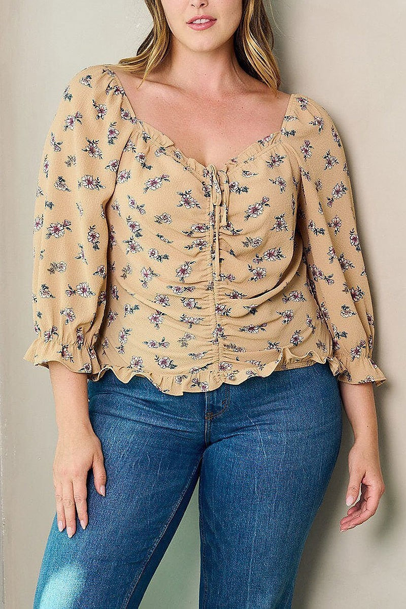 Front ruched floral blouse top (EFWT2936)