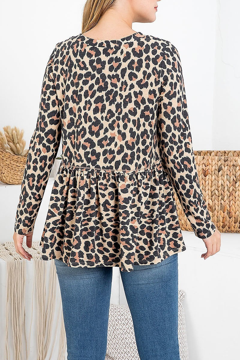 Leopard reverse cover stitched shirring hem top (EF2403-1)