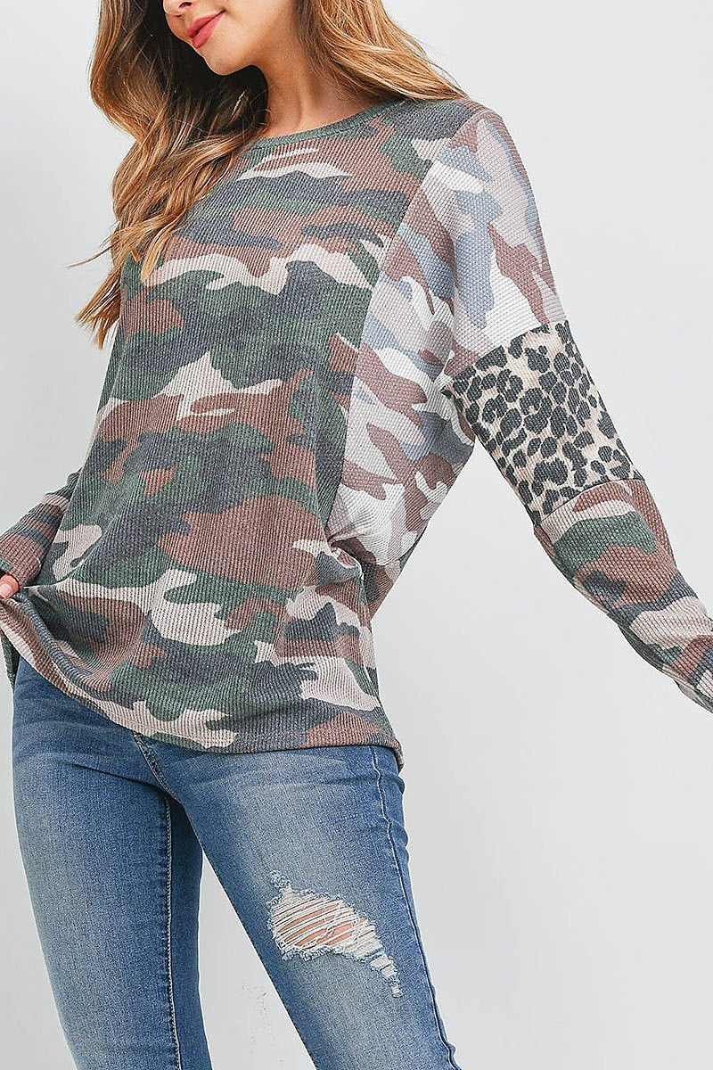 Camouflage leopard elbow long sleeve top (EF1875)