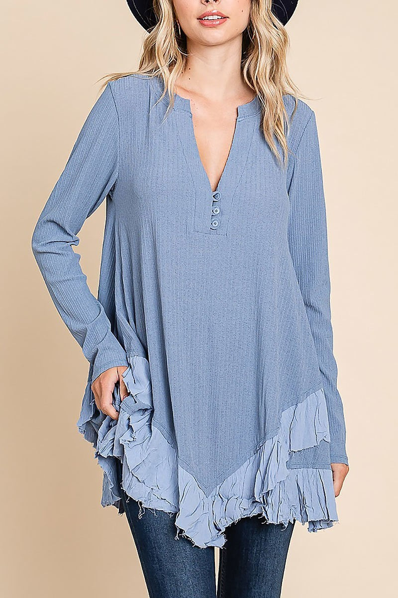 V neck button up detail mini dress (EDH1524)