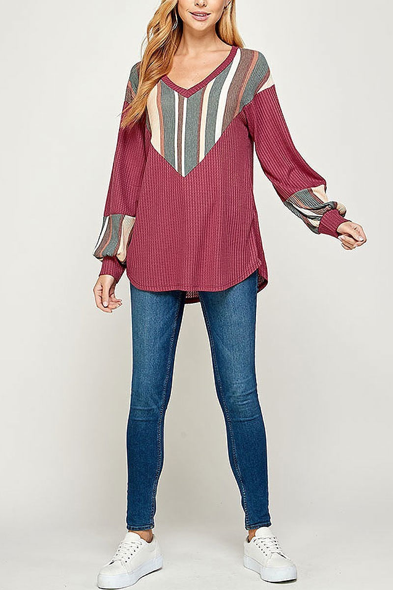 Stripe color block bubble sleeve top (EF2373)