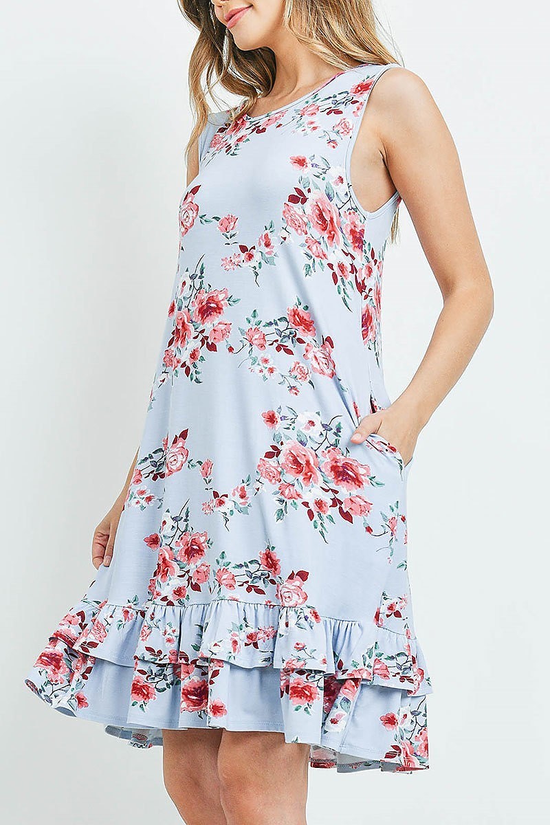 Sleeveless ruffle hem floral print pocket dress (DED6391)