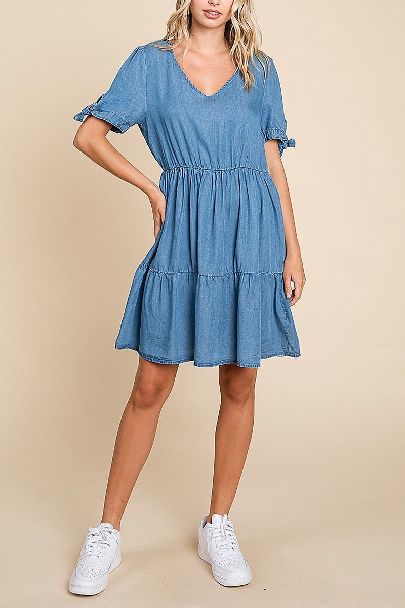 Lyocell chambray v-neck tiered mini dress (EDH1630)