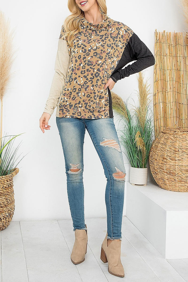 Cowl neckline leopard block long sleeve top (EF7032)