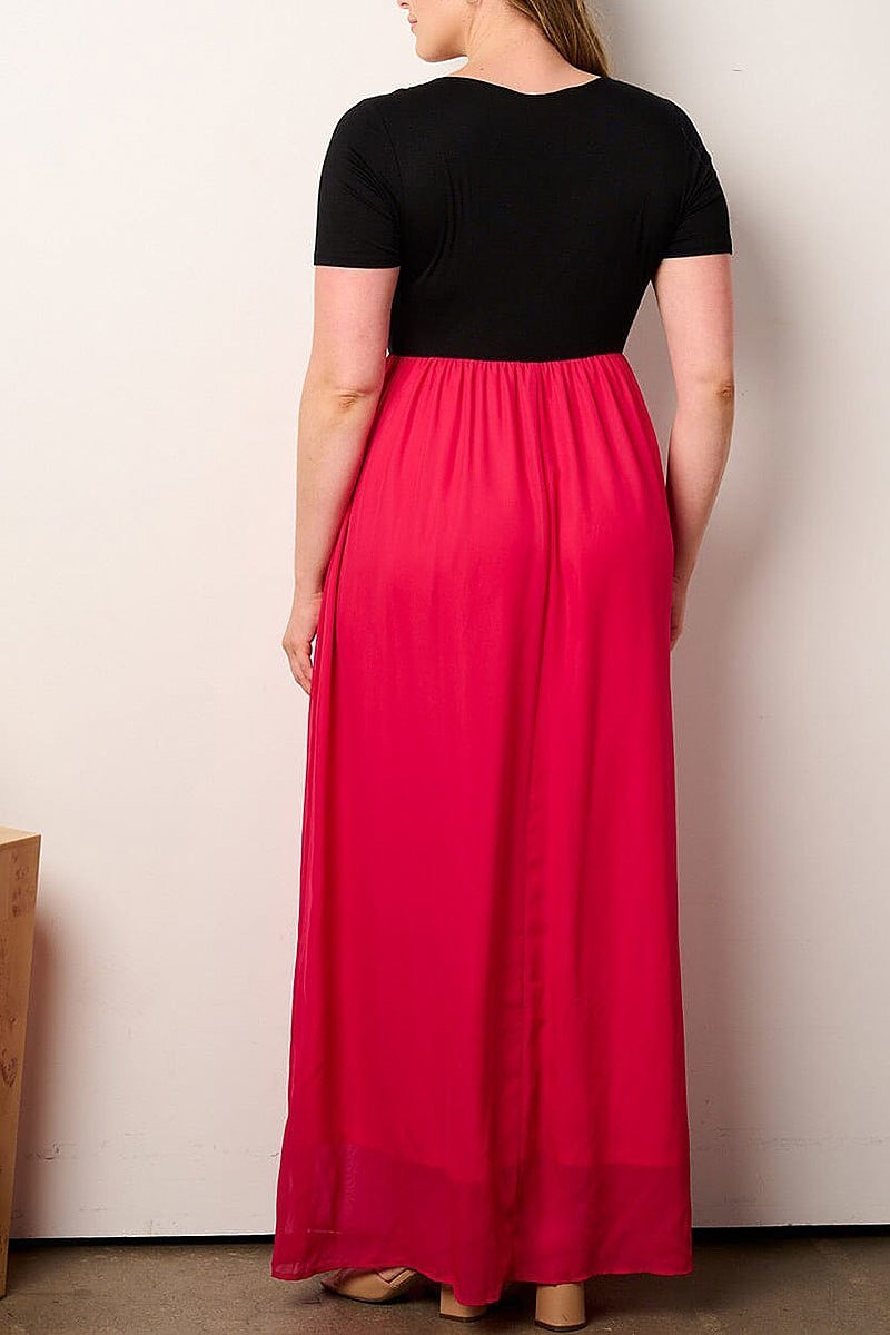 Short sleeve elastic waist colorblock maxi dress (EFWT9120)