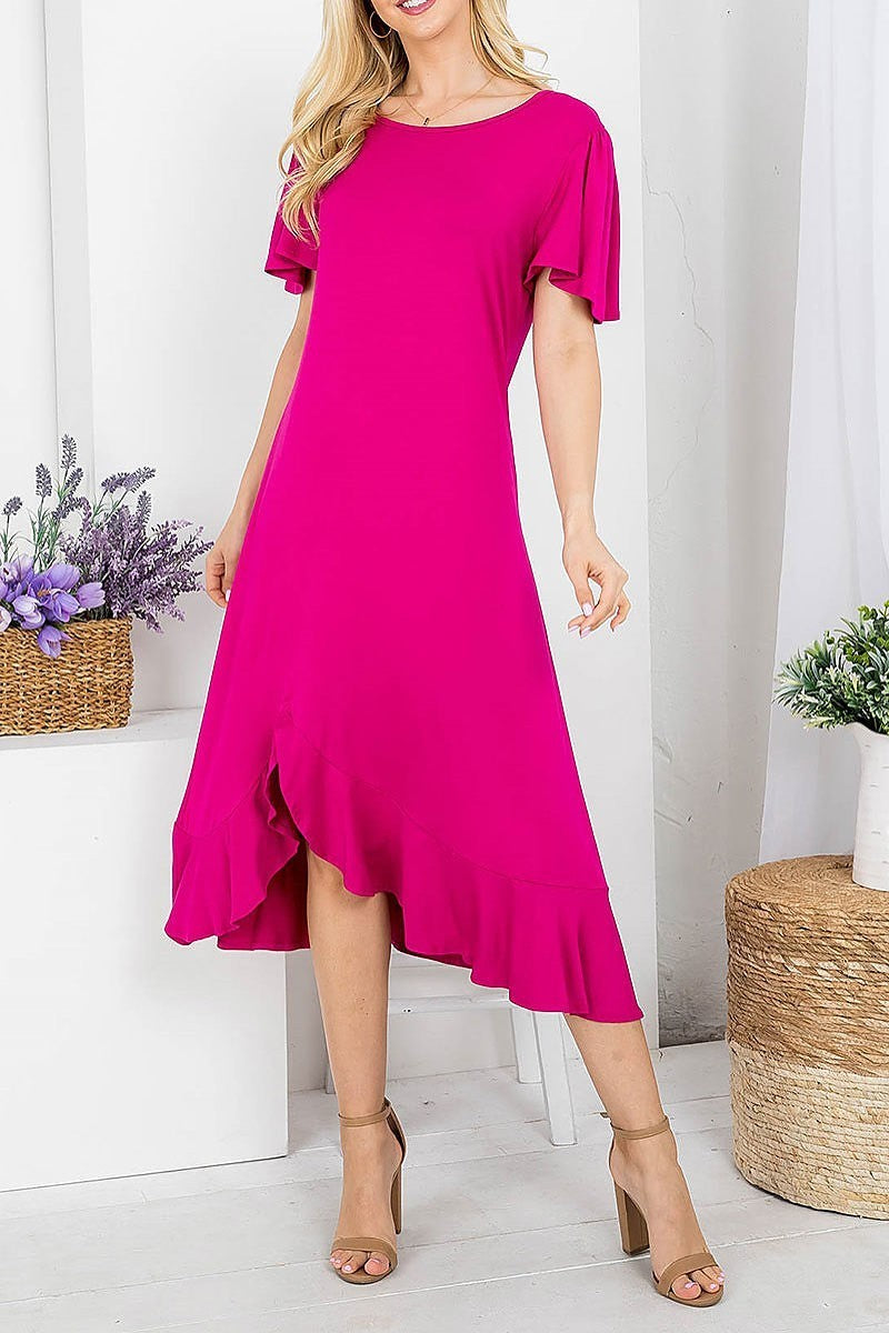 Flutter sleeve aymmetric ruffle hem midi dress (DED7827)