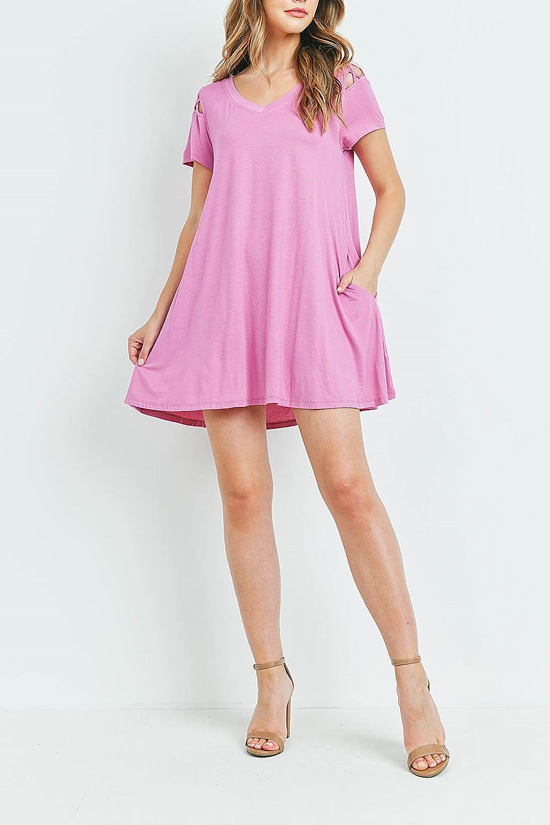 Crisscross detail cutout shoulder pocket dress (DED6164-2)