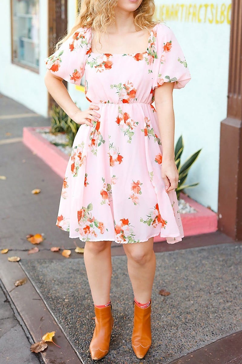 Floral puff bubble short sleeve midi dress (ETBM4590)