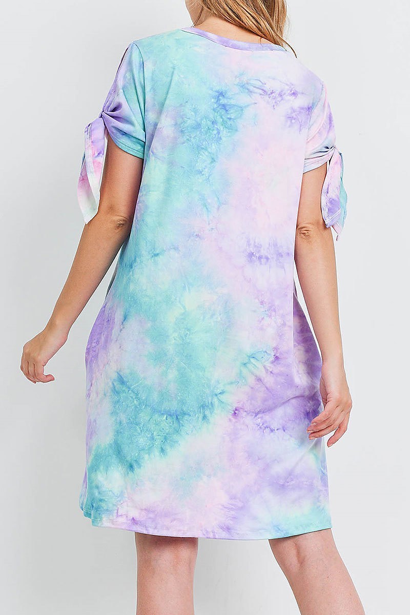 Tie sleeve round neck tie dye dress with inseam pocket (DED6587)