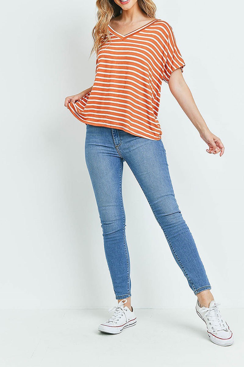 V neck stripe loose fit top (ED9531)