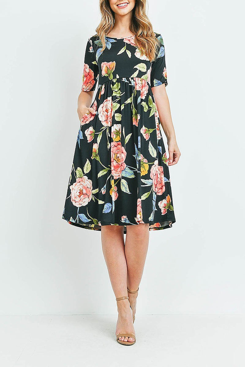 Empire waist floral print side pocket midi dress (DED6358)