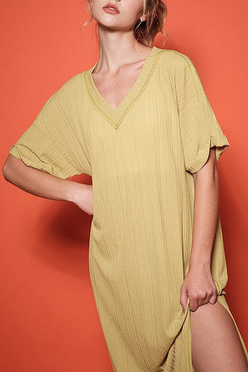 Short sleeve v-neck tunic ribbed maxi dress (EFWT9537)