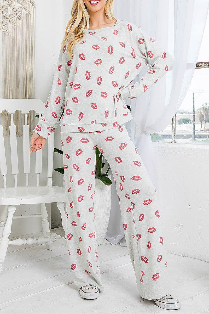 Kiss print cuffed long sleeve top and pants set (EF3159)