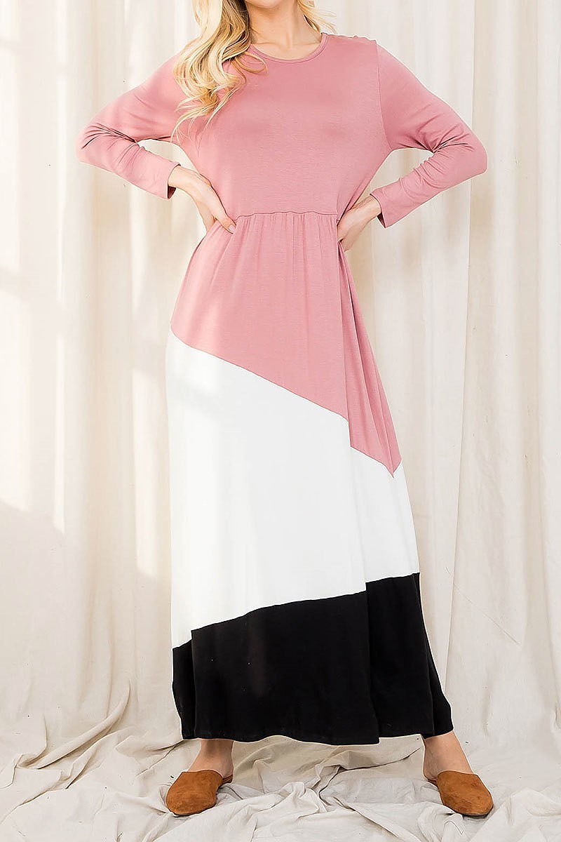 Long sleeve color block loose fit maxi dress (DED8855)