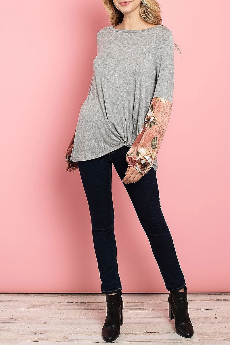 Velvet floral print bubble sleeve color block top (ED7915-2)