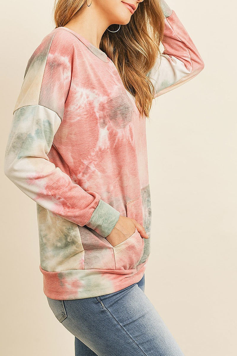 Fleeced french terry tie dye pullover with kangaroo pockets (ED8381-1)