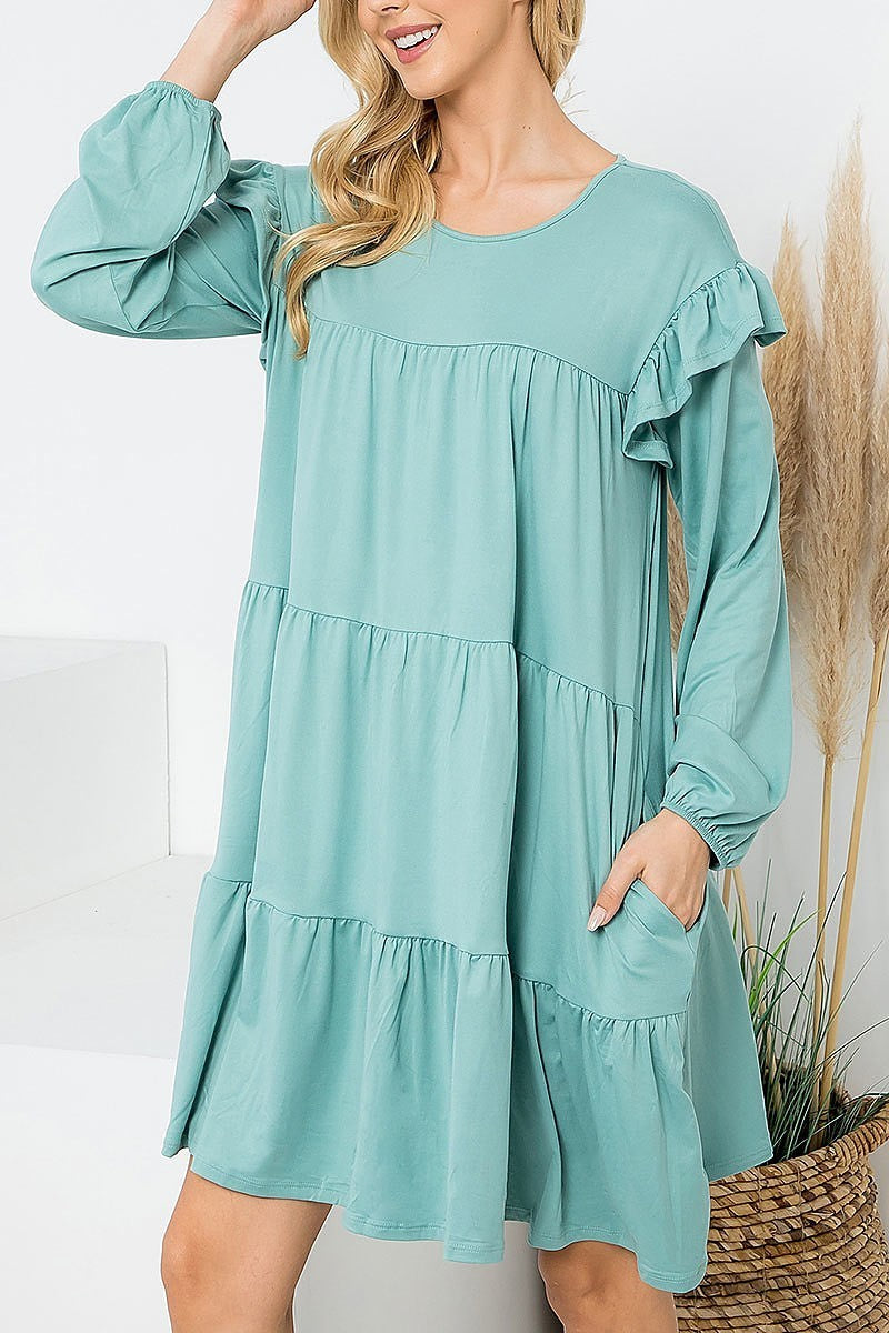 Long sleeve ruffle detail solid dress (DED8851-2)