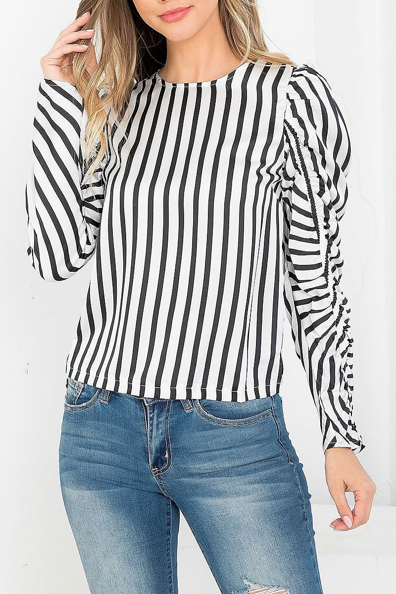 Stripes print round neck ruched long sleeve top (EF3547)