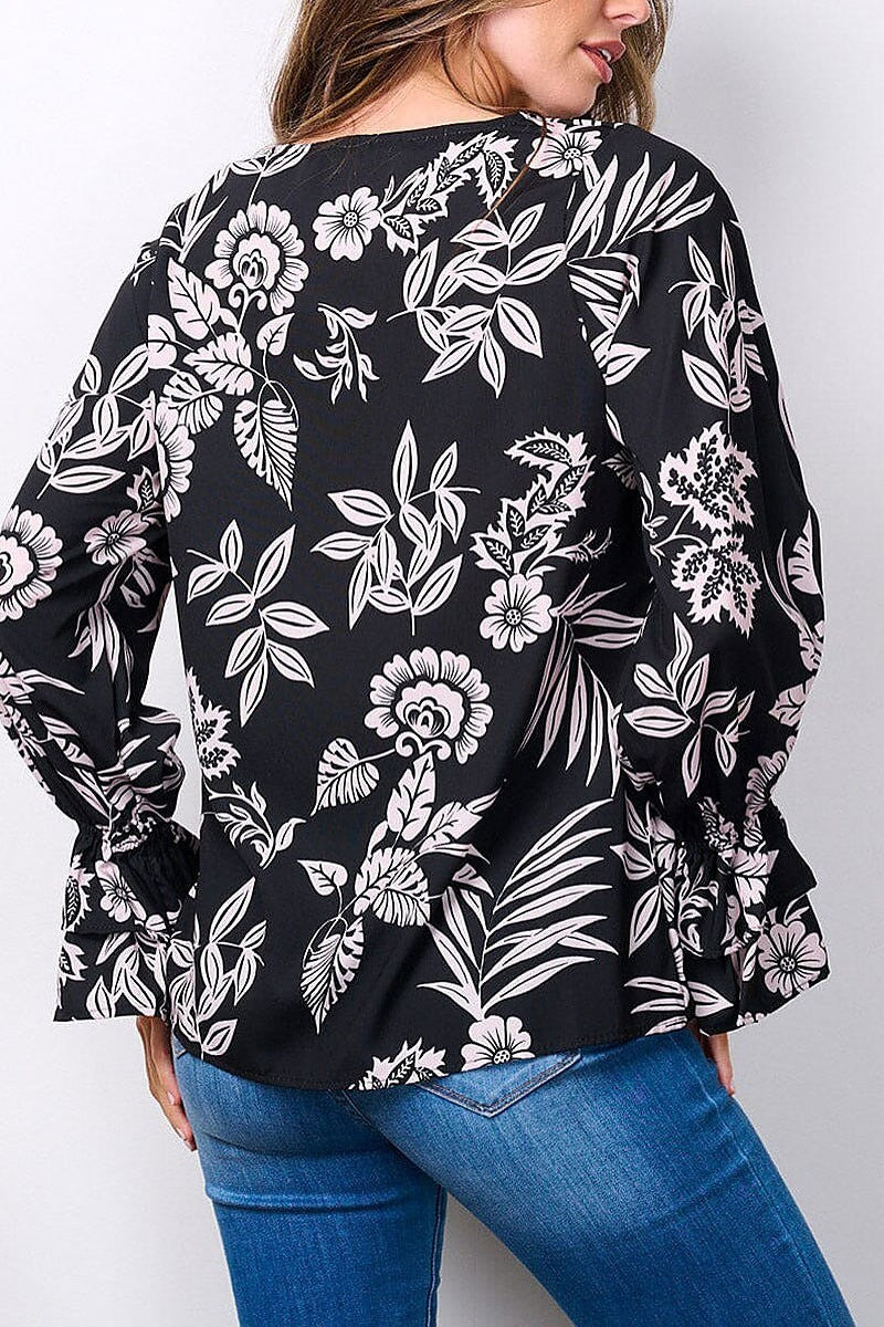 Long smock sleeves v-neck floral tunic blouse top (EFWT7482)