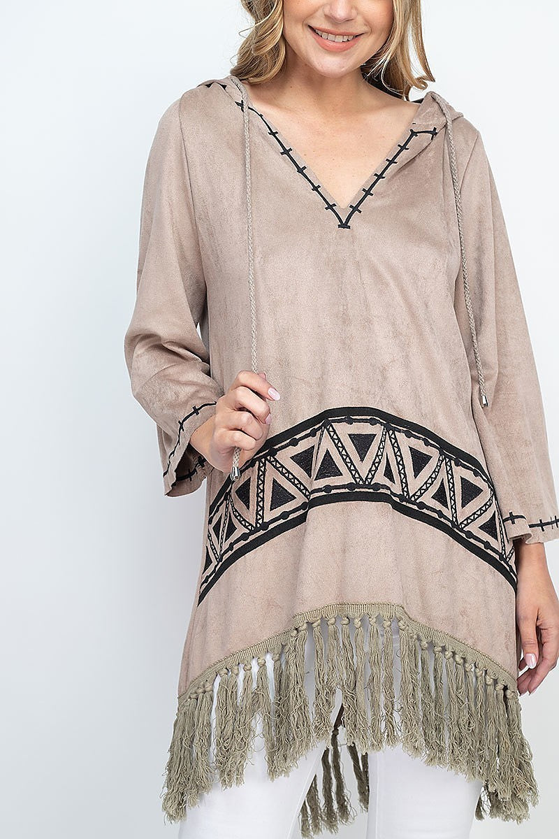 Embroidery and fringe detail suede hoodie top (EF1311)