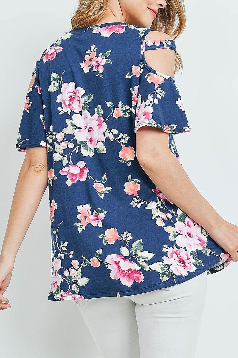 Floral print off shoulder flutter sleeve top (ED9164)