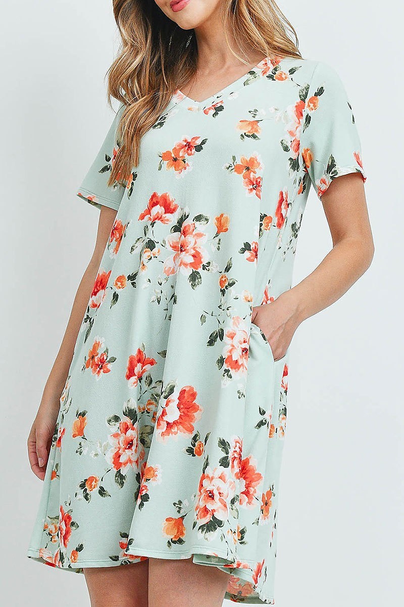 Floral short sleeves v neck on seam pocket dress (DED5983)