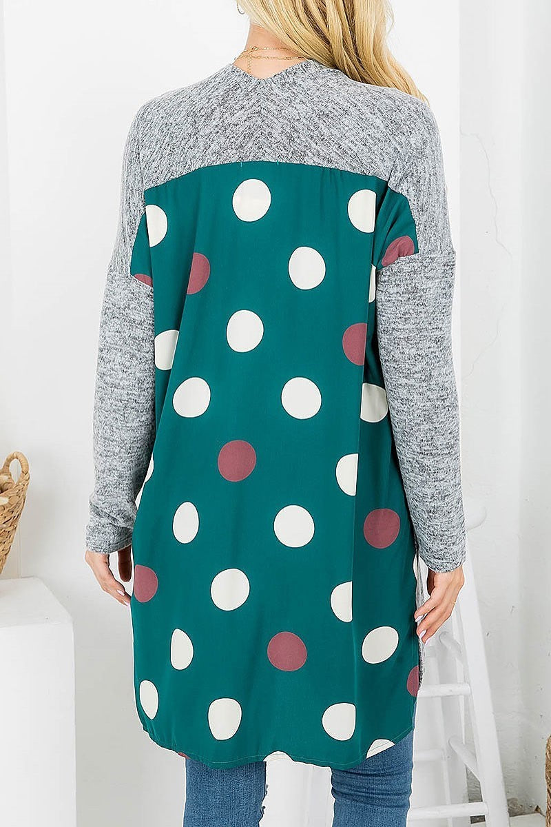 Polka dot print back solid front cardigan (EF4151)