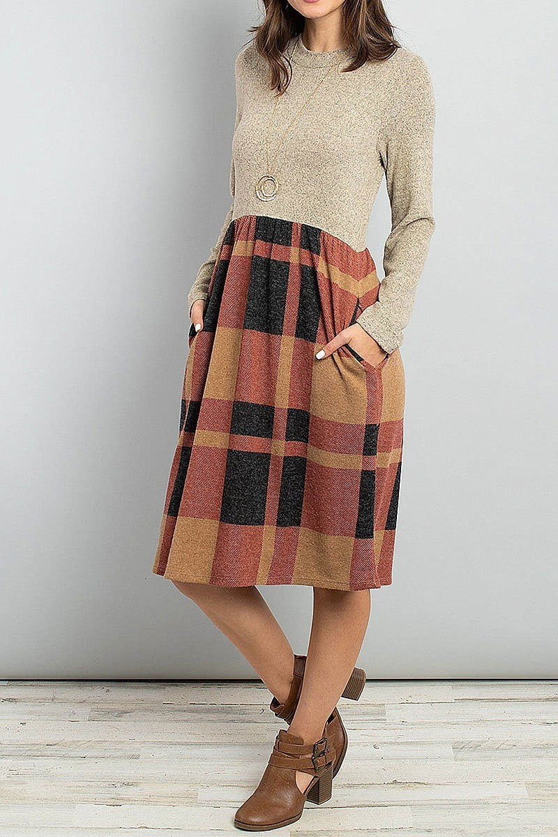 Two toned high neck long sleeves plaid contrast dress (DED5776)