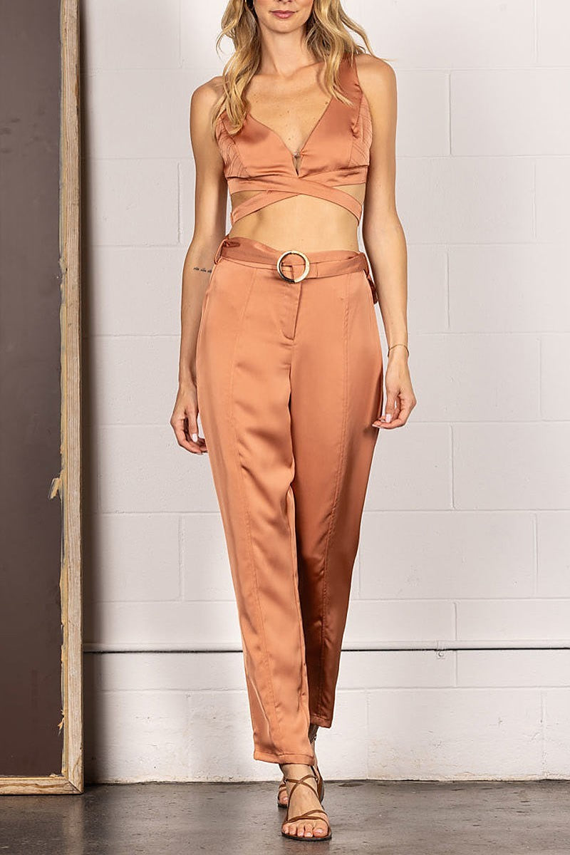 Solid waist flare crop top and pants set (EDSW4272)