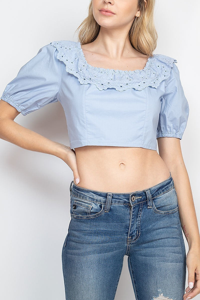 Square neck eyelet ruffle puff sleeve crop top (EF1845)